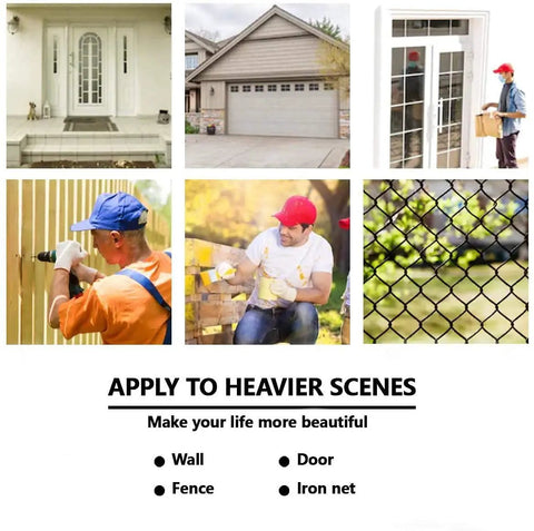 Collage of home improvement scenes with workers on fences and doors, highlighting use in walls and iron nets for heavier scenes.