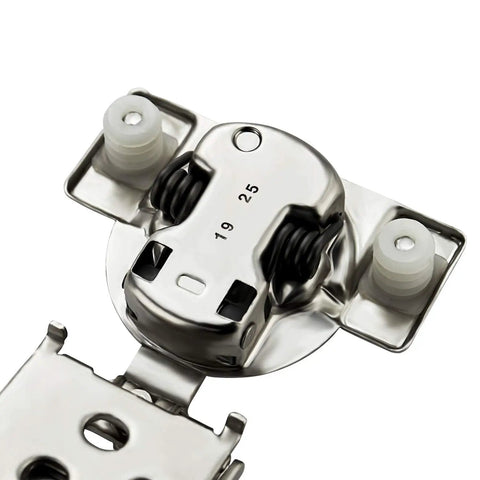 Close-up of 50 Pack 25 Pairs Half Inch Overlay Soft Close Cabinet Hinges Satin Nickel Stainless Steel with 35mm Cup