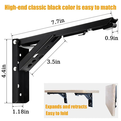 Heavy Duty 8 Inch 90 Degree Self Locking Flip Up Hinge For Drop Leaf Tables And Wall Shelves with black finish and measurements.