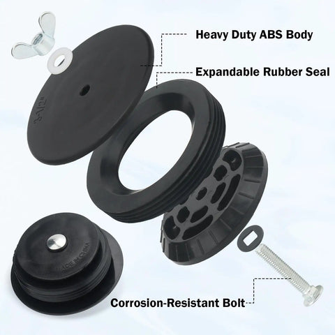 Mechanical Cleanout Gripper Plug Set Three Inch And Three And A Half Inch Reusable Sewer Drain Plugs For DWV Plumbing And Temporary Seal 2 Pack DIY Friendly Heavy Duty Access Point Plugs For Quick Removal And Tight Seal, black ABS expandable rubber seal, bolt