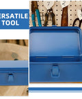 Classic Vintage Blue Metal Toolbox And Portable Tool Organizer For Auto Repair Job Site Storage Home Fix Ups Heavy Duty Rolling Gear Rack With Badass Grip Latches open view with blue interior and metal latch.