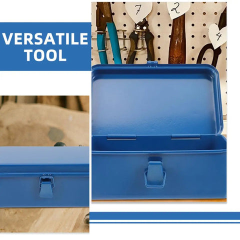 Classic Vintage Blue Metal Toolbox And Portable Tool Organizer For Auto Repair Job Site Storage Home Fix Ups Heavy Duty Rolling Gear Rack With Badass Grip Latches open view with blue interior and metal latch.