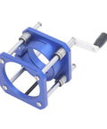 Boss Level Adjustable Router Lift Base with blue heavy duty aluminum construction for precise height adjustments by woodworkers.