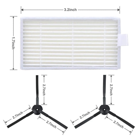 Dimensions of All In One Vacuum Filter Kit Replacement For ILIFE Robotic Vacuums V3 V3S V5 V5s Pro showing filter and brushes