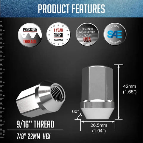 OEM Style Lug Nuts Set 20 Pcs 9/16-18 Thread 1.65 Inch Long Chrome 60 Degree Conical Seat 7/8 Inch Hex Fits Dodge Ram Durango