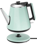 Mint green 0.9L electric kettle with 304 stainless steel interior, vintage design, shown with lid and handle.
