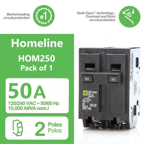 HOM250 50 Amp Double Pole Circuit Breaker Kit For Homeline Panels Genuine OEM Quality front view, 50A, plastic and metal