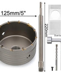Heavy Duty Tungsten Carbide Concrete Hole Saw Kit With Five Inch Drill Bit And Long SDS Plus Shank Rod features 5" saw, 220mm rod, and dust bag