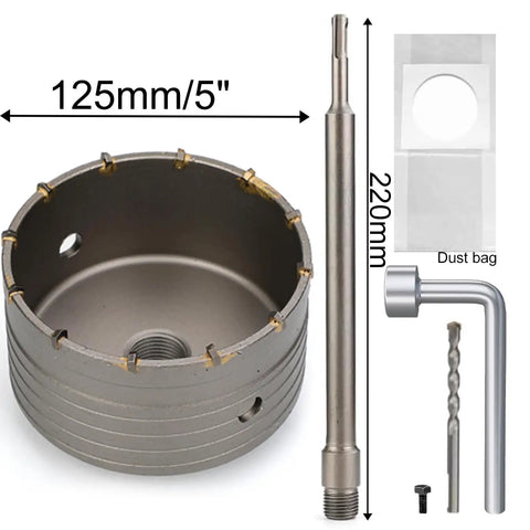Heavy Duty Tungsten Carbide Concrete Hole Saw Kit With Five Inch Drill Bit And Long SDS Plus Shank Rod features 5" saw, 220mm rod, and dust bag