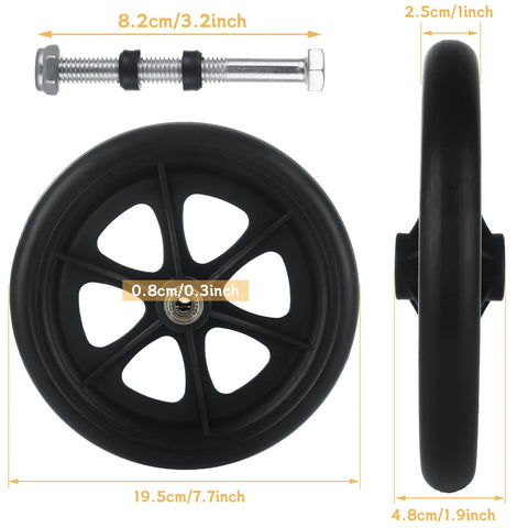 Front and side view of 4 Pcs Replacement Wheelchair Wheels 8 Inch Universal Anti Slip Casters For Wheelchairs Walkers Rollators Black Includes Axle Screws Fits Most 8 Inch Frames With 7.87 Inch Diameter And 0.94 Inch Rim Width