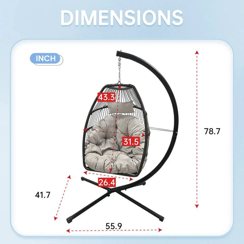Dimensions of Cozy Outdoor Hanging Egg Chair with Stand and UV Resistant Cushion showing height, width, and depth in inches.
