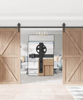 Black Wood Double Sliding Barn Door Hardware Kit With Big Spoke Wheel Rollers installed on wooden doors