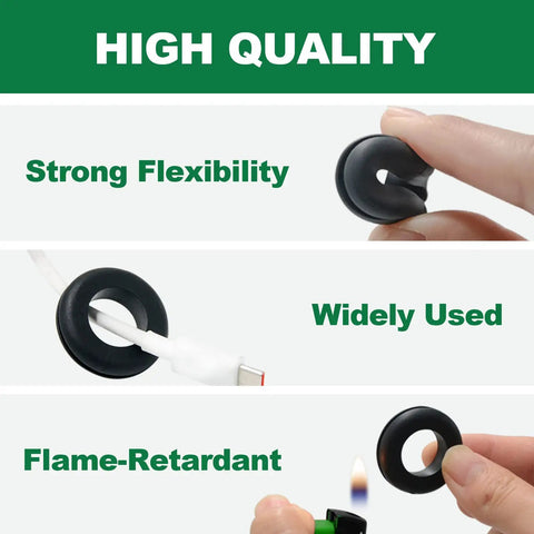 Image showing features of the 180 Piece Rubber Grommet Set for Wiring, illustrating flexibility, usage, and flame-retardant quality.