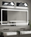 Two Light Bathroom Vanity Light In Matte Black Modern 16W LED Dimmable Over Mirror With 350 Degree Adjustable Head Cold White 6000K ETL Listed 15.5 Inch installed above a mirror in a modern bathroom setting.