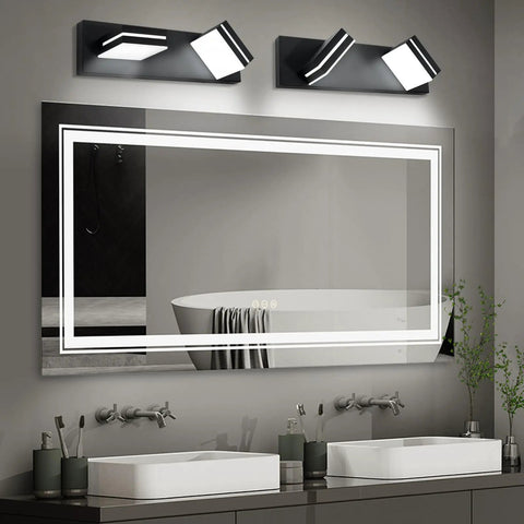 Two Light Bathroom Vanity Light In Matte Black Modern 16W LED Dimmable Over Mirror With 350 Degree Adjustable Head Cold White 6000K ETL Listed 15.5 Inch installed above a mirror in a modern bathroom setting.