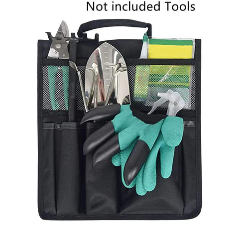 Black oxford cloth tool organizer pouch for Folding Garden Kneeling Seat And Tool Bag Set with visible slots for tools.
