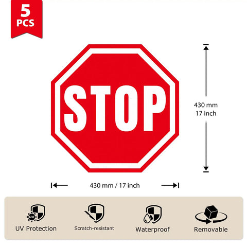 5 Pack Large Stop Stickers 17 By 17 Inches Vinyl Road Warning Sign For Worksite Safety Heavy Duty Industrial Grade Vinyl Resists Foot Traffic Forklift Wheels And Scuffs. 17-inch red STOP sticker
