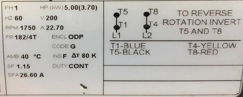 Specifications label for WEG 200V 208V 5HP Air Compressor Electric Motor 184T Frame 1750 RPM 1 Phase Industrial Motor.