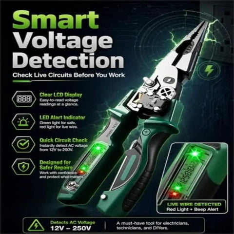 4 In 1 Wire Stripping Pliers With Built In Voltage Tester Foldable Your Go To Electrician Tool For Stripping Cutting Crimping Twisting And Testing Wires Heavy Duty Wire Cutters For Circuit Repair And DIY Electrical Work. Smart voltage detection wire pliers with LCD and LED alert, 12V-250V