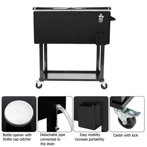 80 Quart Rolling Cooler Cart On Wheels With Dual Tops Built In Bottle Opener And Cap Catch Handy Shelf Portable Bar For Outdoor Patio Party And Backyard BBQ Ready In Black Keeps Ice Cold Up To 48 Hours With Ice Sheet