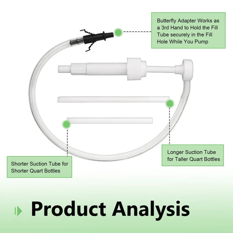 Product components of Heavy Duty Manual Transmission Fluid Pump Kit with butterfly adapter, suction tubes for quart bottles.