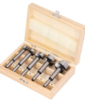 Pro Grade 5 Piece Forstner Drill Bit Set Made From Quality High Speed Carbon Steel Packs Precision 15 To 35 Millimeter Cutters in wooden case