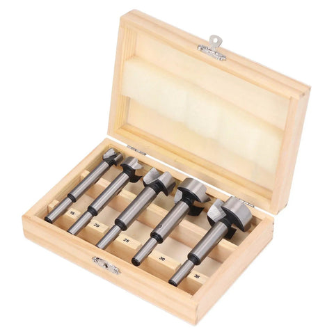 Pro Grade 5 Piece Forstner Drill Bit Set Made From Quality High Speed Carbon Steel Packs Precision 15 To 35 Millimeter Cutters in wooden case
