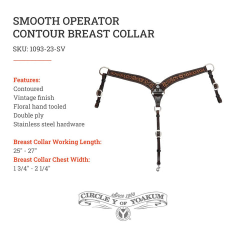 Western Contour Breast Collar Featuring Vintage Finish And Floral Hand Tooling Crafted From Top Shelf Double Ply Leather On Stainless Steel Hardware For Trail Hustle And Rodeo Grind, contoured design, double ply, 25-27in.