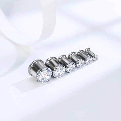 Front view of ASTM F136 Titanium 0G Round CZ Ear Gauges Tunnels Screw Fit Flesh Plugs for 8mm body piercing jewelry.