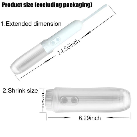 Electric Portable Handheld Bidet for Travel and Everyday Hygiene With 2 Wash Modes Gentle and High Pressure 180 Degree Adjustable Nozzle For Women And Men Eco Friendly Water Spray On The Go, showing size dimensions in extended and shrink form