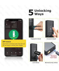 Straight Up Smart WiFi Door Lock Kicking Traditional Keys To The Curb Featuring Rapid Fingerprints Password Entry IC Card Reader And USB Charging For Totally Secure Keyless Home Entry Red Bronze showing five unlocking methods on smartphone and lock.