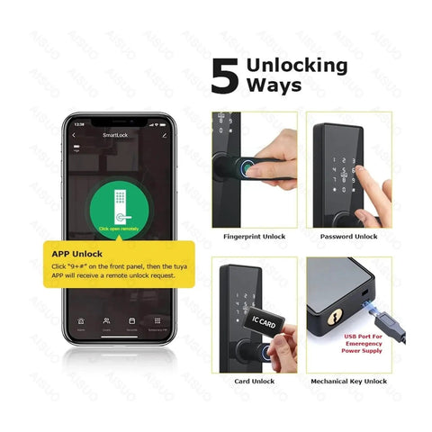 Image showing 5 unlocking ways for Slick Wifi Smart Door Lock Offering Rock Solid Fingerprint Access, Quick Password PIN, Reliable ID Card Entry, And No Sweat USB Emergency Power Via Tuya Phone App, Matte Black.