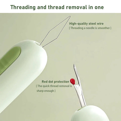 Close-up of 3 Pack 2 In 1 Seam Ripper And Needle Threader Set For Hand Sewing, showing green dual function tool with sharp steel tips
