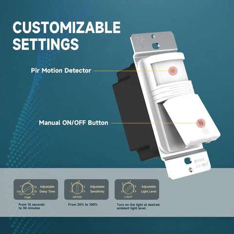 Motion Sensor Light Switch With Occupancy And Vacancy Modes, Hands Free Auto On In Laundry And Garage, Single Pole Wall Switch Requiring Neutral Wire, UL and FCC Listed, showing customizable settings like PIR motion detector and manual on/off button.