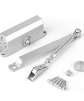 Heavy Duty Adjustable Overhead Door Closer For 25 To 35 Kg Doors, silver finish with screws and components