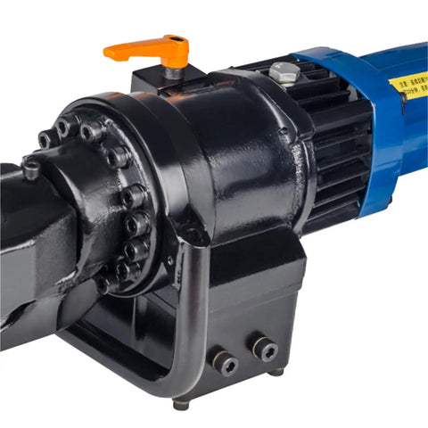 Close-up of AOXHUGB Portable Electric Hydraulic Rebar Bender showing motor and hydraulic components for rapid bending.