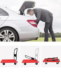 Foldable Flatbed Hand Cart With Beefy Metal And Plastic Deck, Wheeled Platform Truck For Moving Heavy Items, Portable Push Trolley For Parcels, Tools, Auto Shop, Home Or Warehouse, Compact Design For Easy Storage. Folded and open with sedan trunk