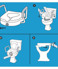 Diagram showing installation of Raised Toilet Seat With Handles Five Inch Riser With Arms For Seniors Safe Stable Comfort Up To 300 Lb Capacity.
