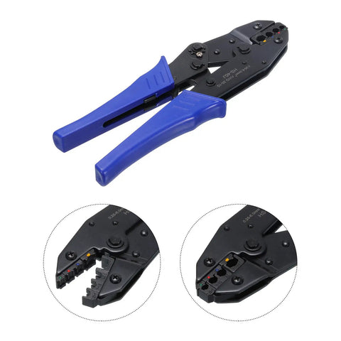 Heavy Duty Adjustable Ratchet Wire Crimping Pliers For Heat Shrink Connectors Auto Repair 0.25 To 6 Sq Mm Range with blue grips.