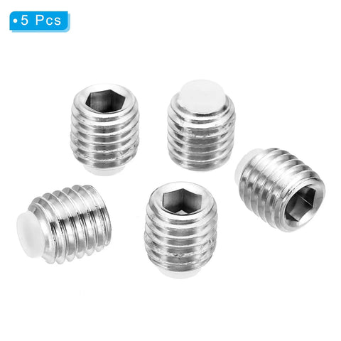 Built Tough M12 Nylon Tip Grub Screws Five Pack Heavy Duty Hex Socket Cap Set Screws displayed in a group with nylon tips.