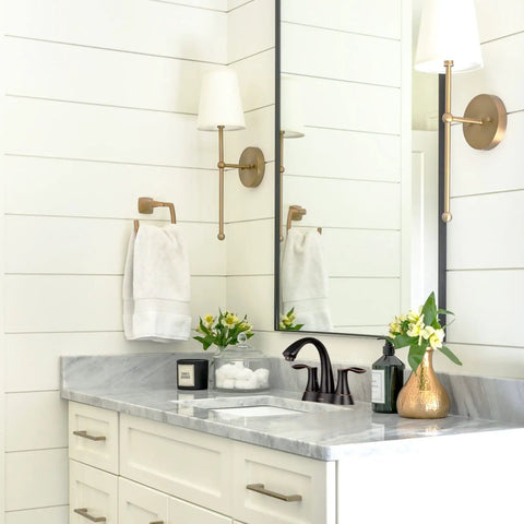 Bathroom with Oil Rubbed Bronze Two Handle 4 Inch Centerset Bathroom Faucet With Pop Up Drain And Included Supply Lines