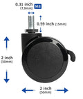 Close-up of lockable caster wheel with M8 stem, nylon threaded swivel, for standing desk replacement, 2-inch diameter.
