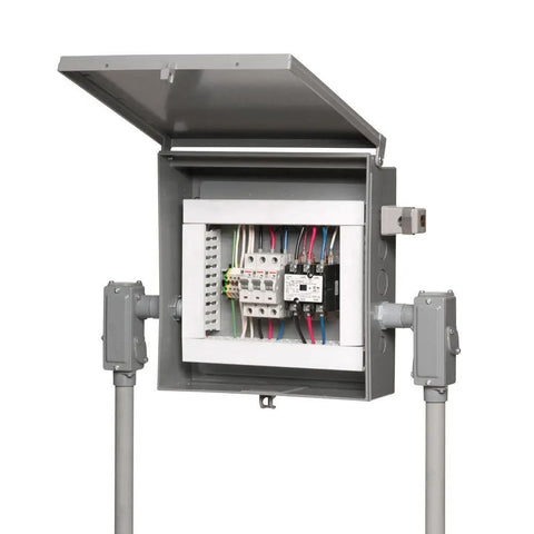 Open view of Non Metallic Electronic Equipment Enclosure Box 12 x 12 x 4 Inches Lockable Padlock Ready Latch UV Rated with wiring inside