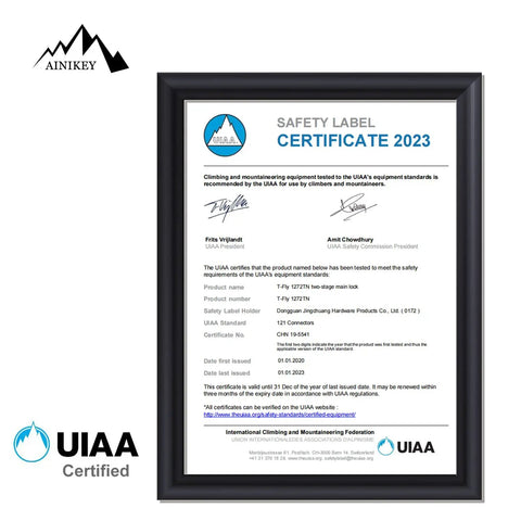 UIAA safety certificate for Ainikey Auto Locking Climbing Carabiner Set, framed certification 2023