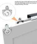 Close-up of bypass sliding door track hardware with adjustable steel hangers for 48-inch wardrobe closet system.