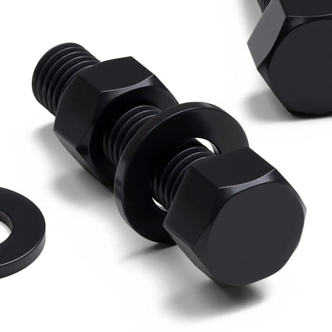 Close-up of Ten Piece Black Nylon Hex Head Bolts M12 X 50Mm Plastic Fasteners Including Matched Nuts And Washers.