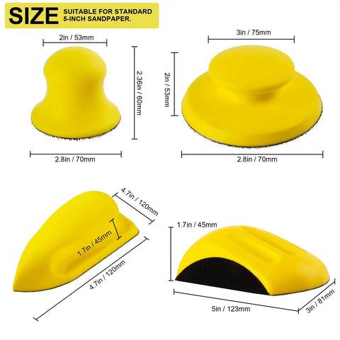 Two Pack 5 Inch Mouse Hand Sanding Block Set With Hook And Loop Grip, showing four ergonomic shapes and dimensions.