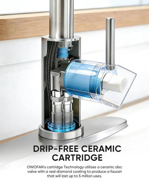 Straight Up Commercial Spring Kitchen Faucet With Pull Down Sprayer In Brushed Nickel cutaway showing drip-free ceramic cartridge design.