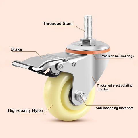 Beefy Swivel Stem Caster Wheels With Brake M Threaded Mount, precision ball bearings and thickened bracket, high-quality nylon wheel.
