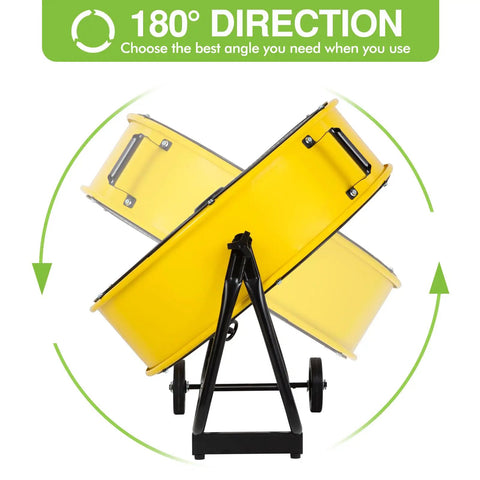 Adjustable 24 Inch High Velocity Industrial Drum Fan, yellow finish, showing 180-degree tilt, UL Listed.